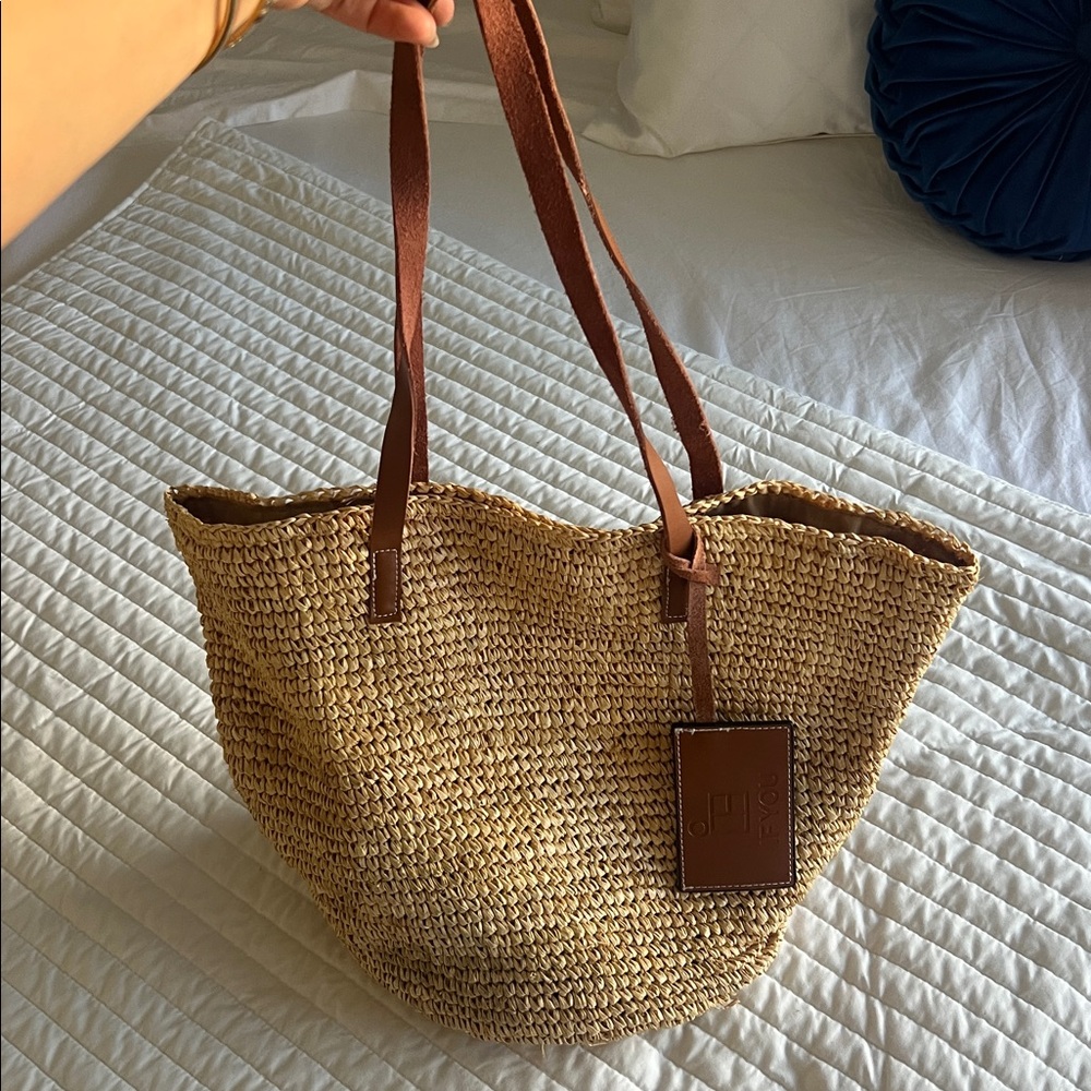 Woven Straw Tote Bag with Brown Handles